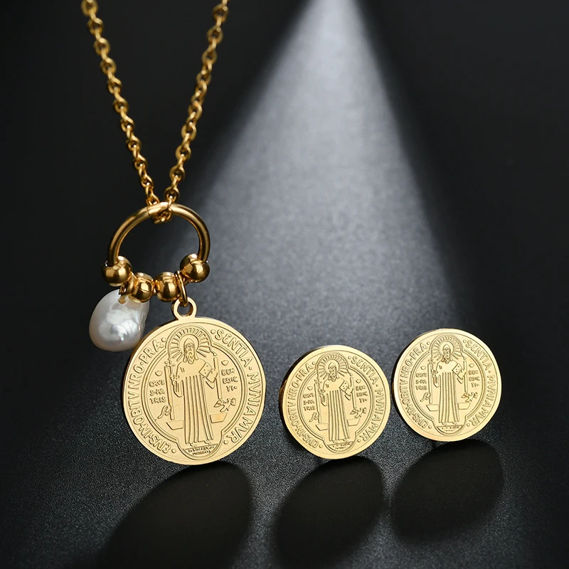 

Catholic San Benito Pendants Charm Freshwater Pearls Necklaces Stud Earrings Stainless Steel Chain Jewelry Set For Women Men