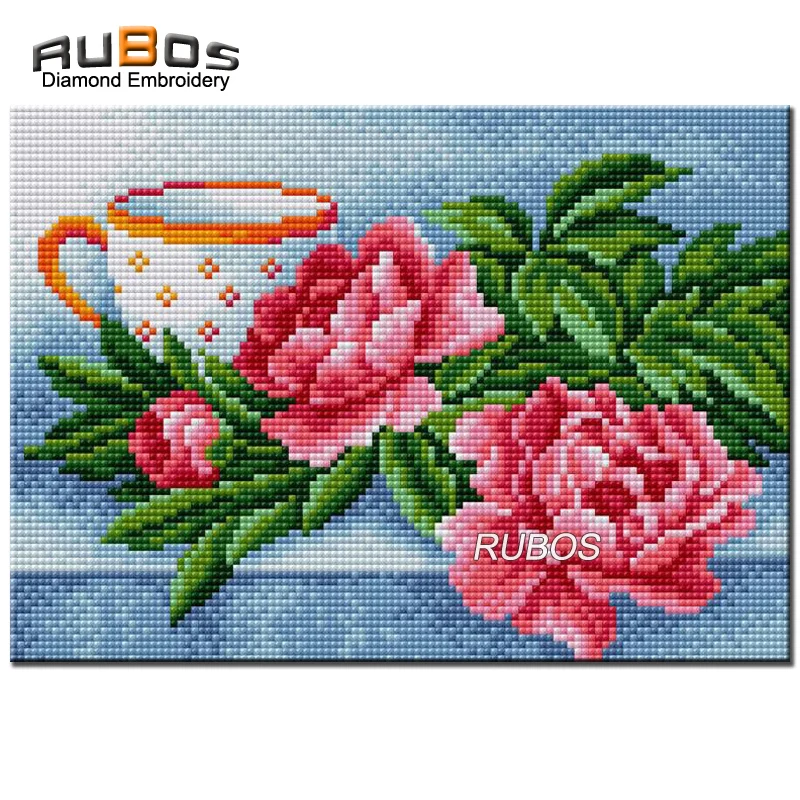 RUBOS DIY 5D diamond mosaic red Peonies Rose flowers cup full diamond embroidery painting 3D picture by rhinestone wall sticker (1)