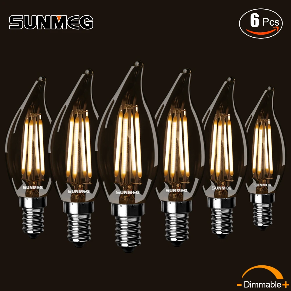 SUNMEG CA10 Filament Candelabra LED Light Bulb Flame Tip 40/60 Watt Equal Incandescent Lamp
