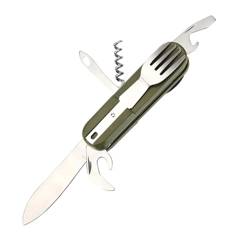 7 En 1 vajilla tenedor cuchara cuchillo vino sacacorchos abrelatas de botella cubiertos de herramientas de cocina
