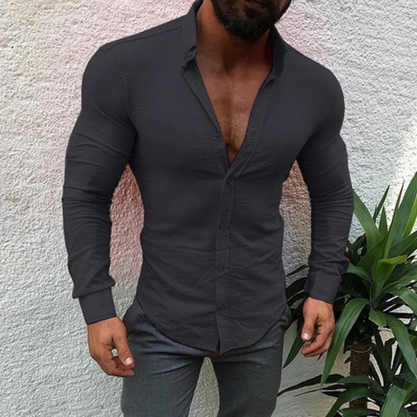 

Men's Fashion Solid Color Slim Fit Linen Male Casual Formal V Neck Long Sleeve Buttons Pullovers Shirt Tops Male Clothes Shirt