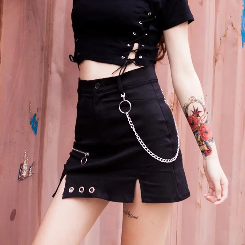 

Sexy Spring And Autum Chic Retro Ring Chain Short Skirt High Waist Irregular Mini Skirt Hollow Out Black Pencil Sexy Skirt Women