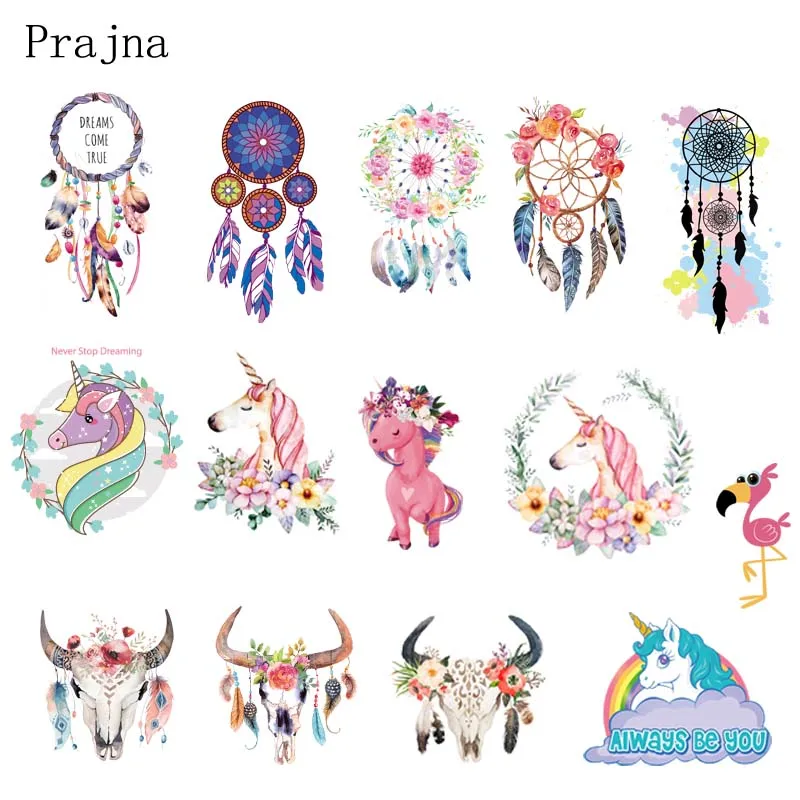 

Prajna Various Of Style Unicorn Bull Dreamcatcher Heat Transfers Cheap Cartoon Clothes Stickers Iron On Patches For Clothing DIY