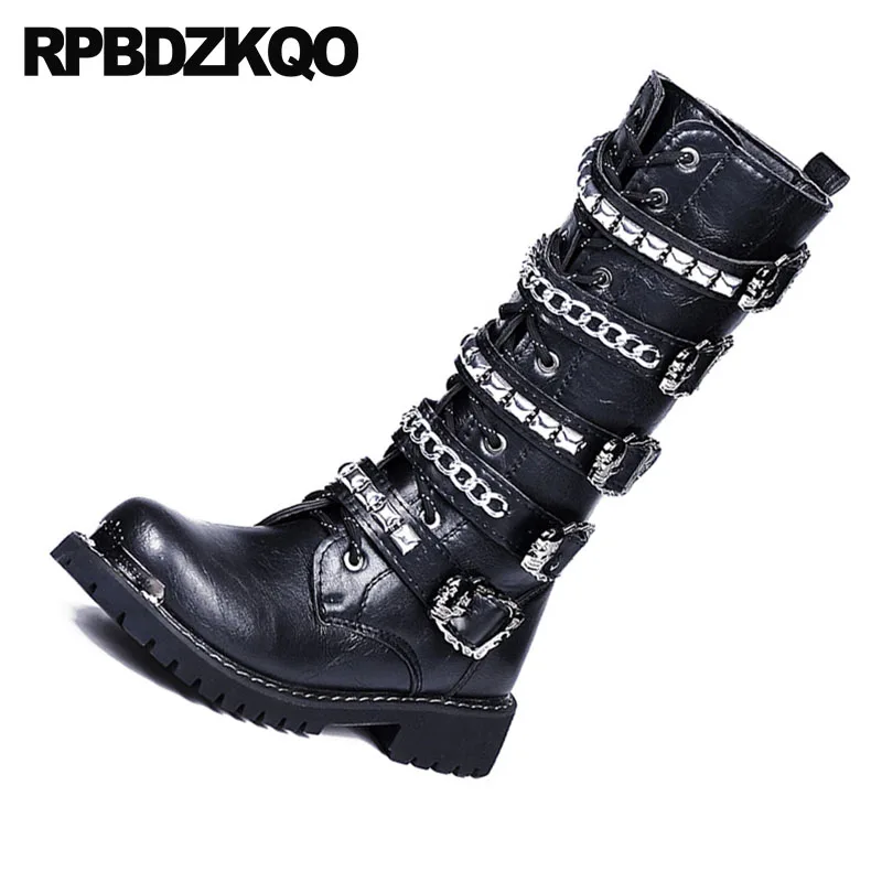 Роскошные армейские ботинки в байкерском стиле с заклепками в стиле рок, металлик; Цвет Черный; военные ботинки до середины икры; мужские кожаные высокие ботинки в стиле панк; высокое качество