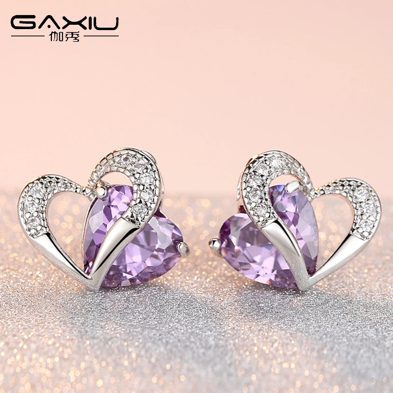 

Double Heart Stud Earrings For Women Girls Silver Color Zircon Minimalist Earrings Female Bling Fashion Small Ear Jewelry 2019