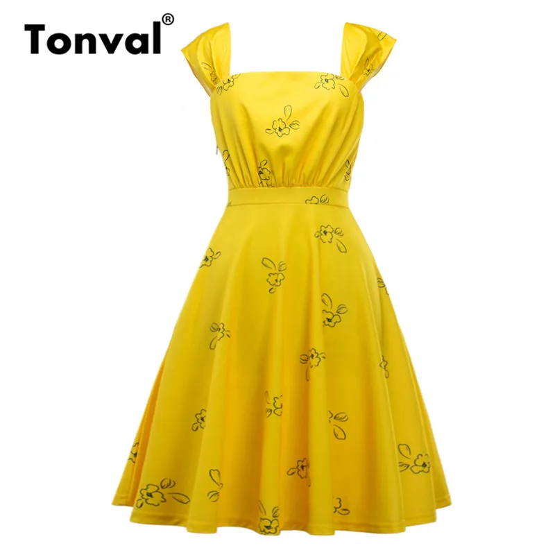 

Tonval Vintage Print Yellow Dress Casual Summer Women Cap Sleeve Cute Dresses Square Collar Backless Elegant Skater Dress