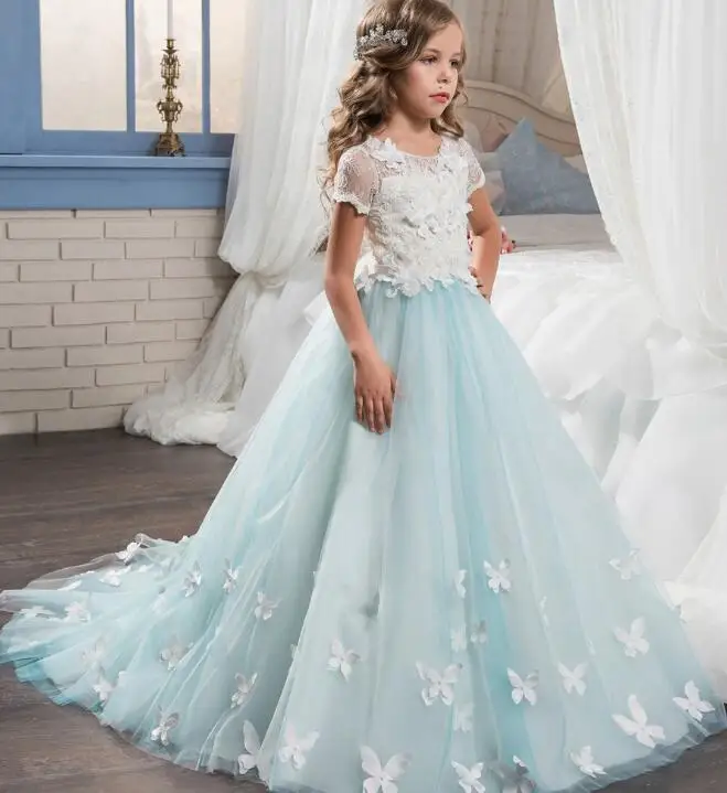 Бальное платье голубого цвета, торжественные платья для девочек с цветочным рисунком цветы для аппликации вечерние платья для причастия, украшения для свадебной вечеринки - Цвет: Light Blue