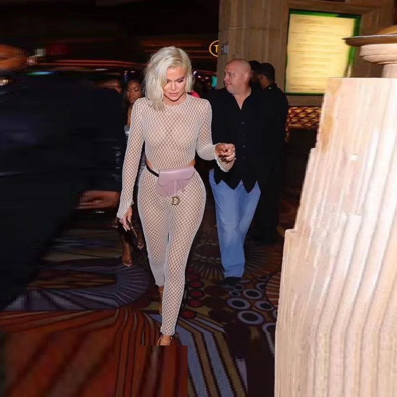 

2019 New Celebrity Jumpsuit Beige Sexy Skinny Hollow Out Long Sleeve O-Neck Fashion Gridding Party Jumpsuit Women Clubwear