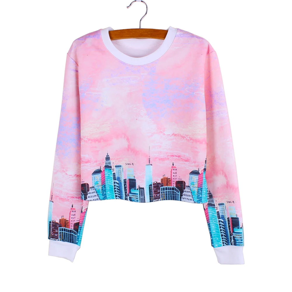

2016 Novelty Modern City print girls cropped sweatshirts casual women clothing Autumn fashion Harajuku style tracksuit wholesale