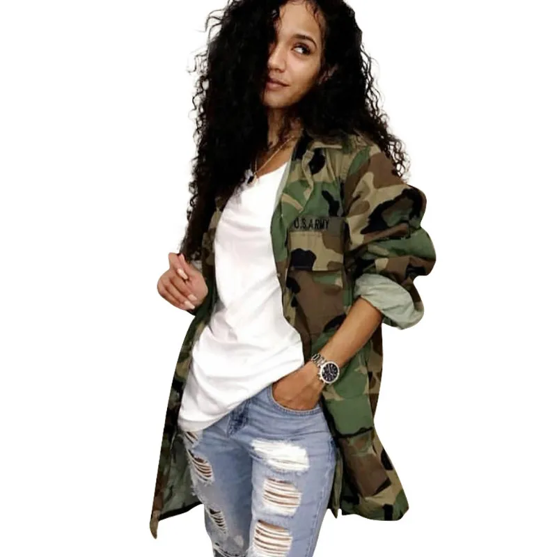 Women Green Camouflage long Sleeve Jacket Coat casual