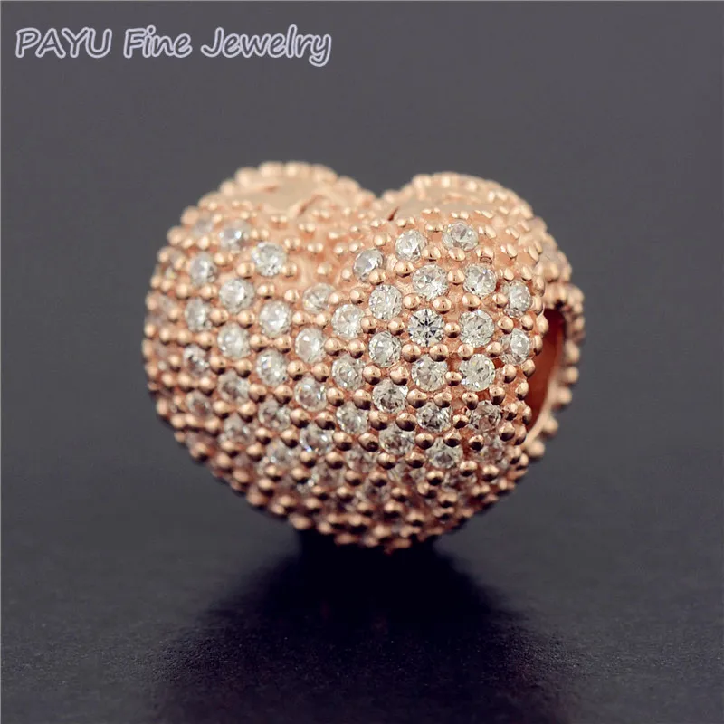 

Payu 14k Rose Gold Pave Open My Heart Clip,Rose & Clear CZ Fit Original Bracelets Charms Tibetan Jewelry DIY Fine Jewellery