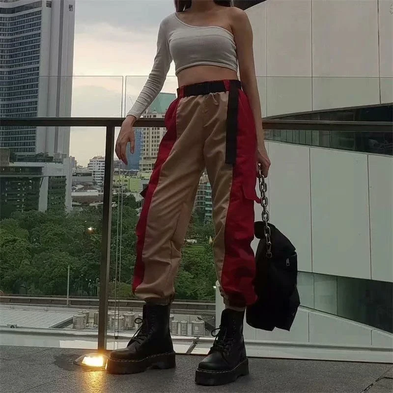 

Patch Design Women High Waist Pocket Loose Ankle-length Cargo Pants American Style Women Ankle Banded Casual Waist Sahes Pants