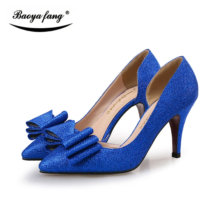 BaoYaFang/Новые пикантные женские свадебные вечерние туфли золотого, серого и синего цвета туфли на тонком высоком каблуке с закрытым носком женские туфли-лодочки с бантом