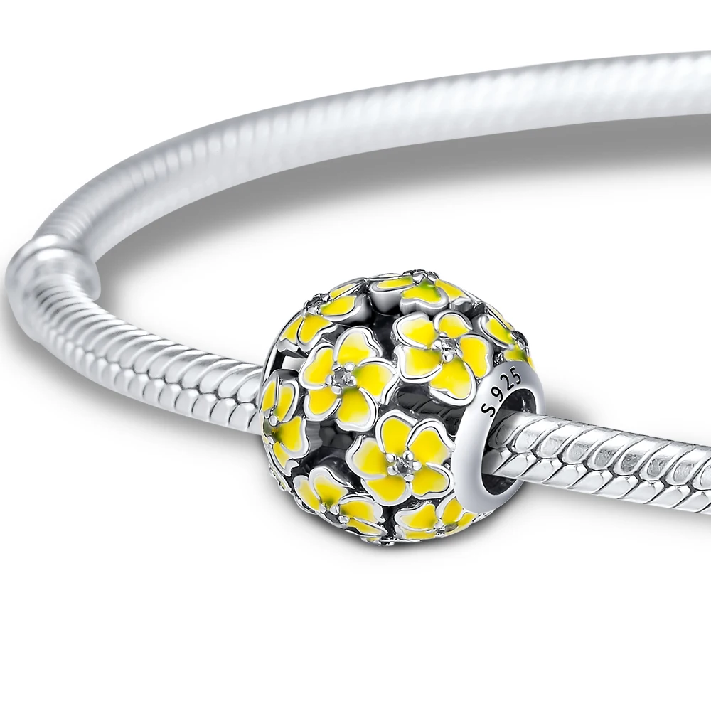 Подходит для Pandora шармы браслеты маргаритки бусины с желтой эмалью стерлингового серебра 925 ювелирные изделия