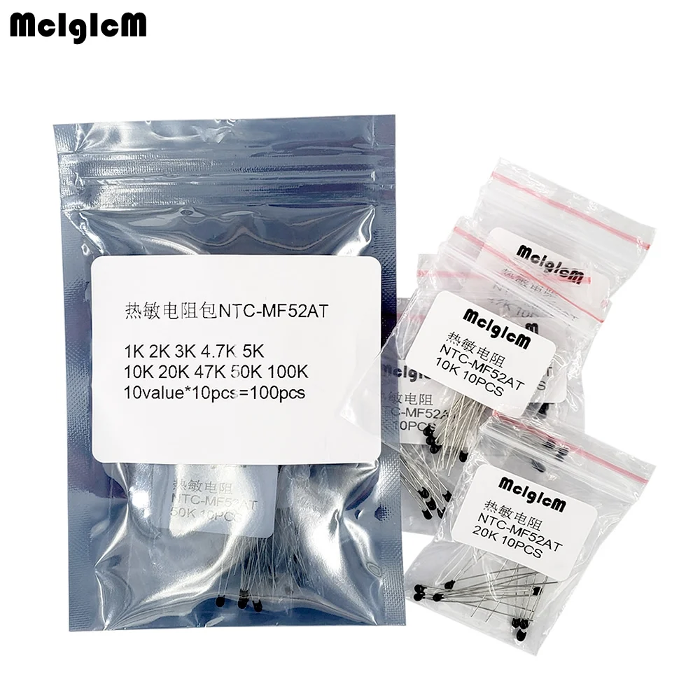 

100pcs=10value*10pcs NTC Thermistor Resistor Kit NTC-MF52AT 1K 2K 3K 4.7K 5K 10K 20K 47K 50K 100K +-5% 3950B