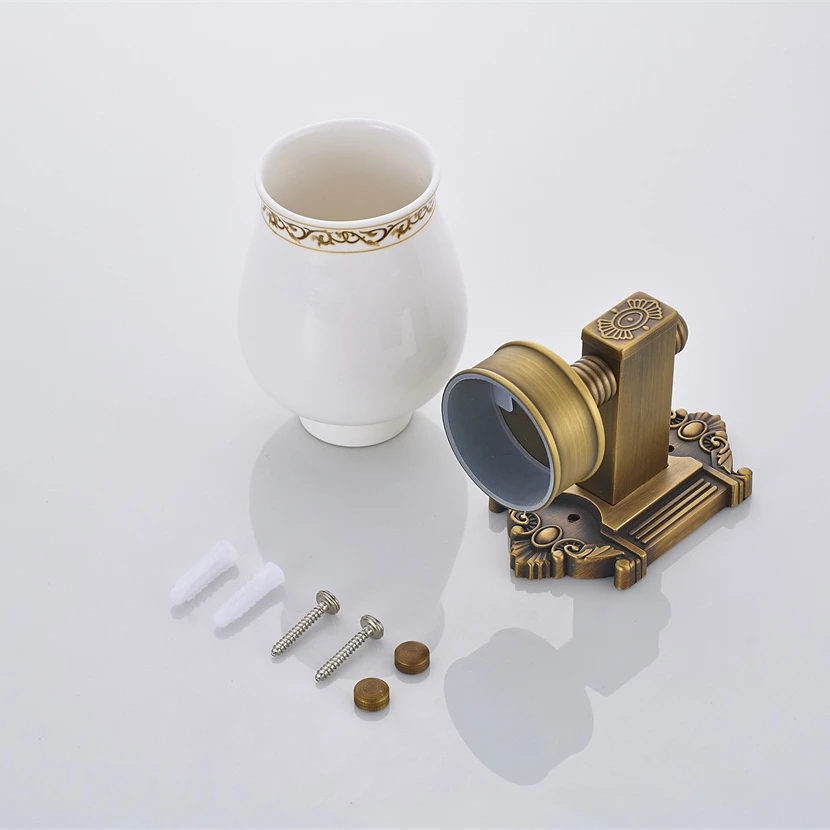 Cup & Tumbler Holders Antique Brass Toothbrush Holder Wall Mount Bathroom Accessories Single Ceramics Cup Tumbler Holder 9125K