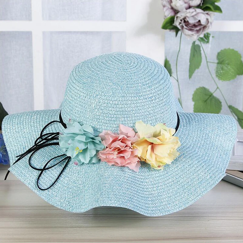 150pcs/lot Fashion parent child Cute flower sun hats Girl Straw Wave