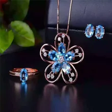 Эксклюзивное Новое швейцарское кольцо с голубым топазом+ натуральные серьги ожерелье набор 925+ Серебряный декор Deluxe Edition