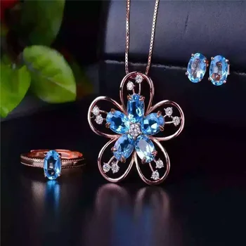 

Exclusive new Swiss Blue Topaz Ring + natural Earrings Necklace Set 925 + silver inlay Deluxe Edition