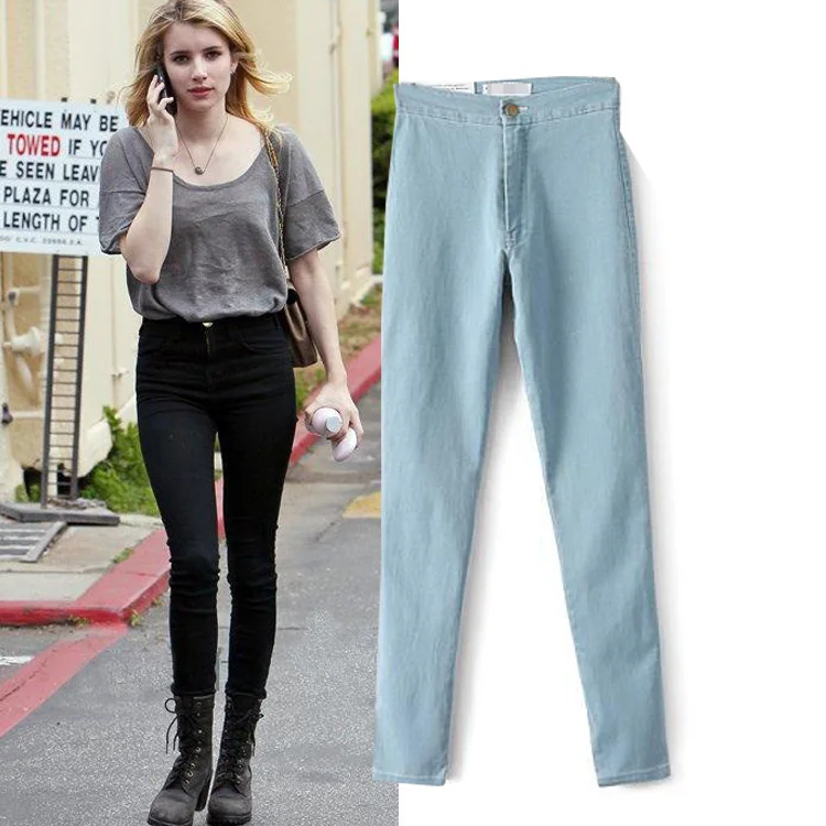 

2016 new European style high waisted jeans jeans stretch pure women's casual pants pencil pants