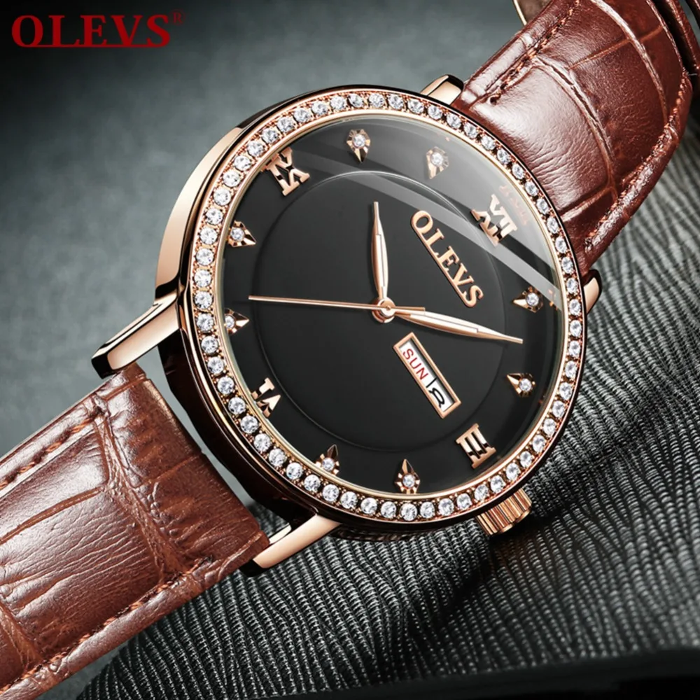 

Luxury Brown Leather Watch Men Diamond Mens Watches Auto Date Business Montre homme Waterproof Quartz Clock For Man relogio New