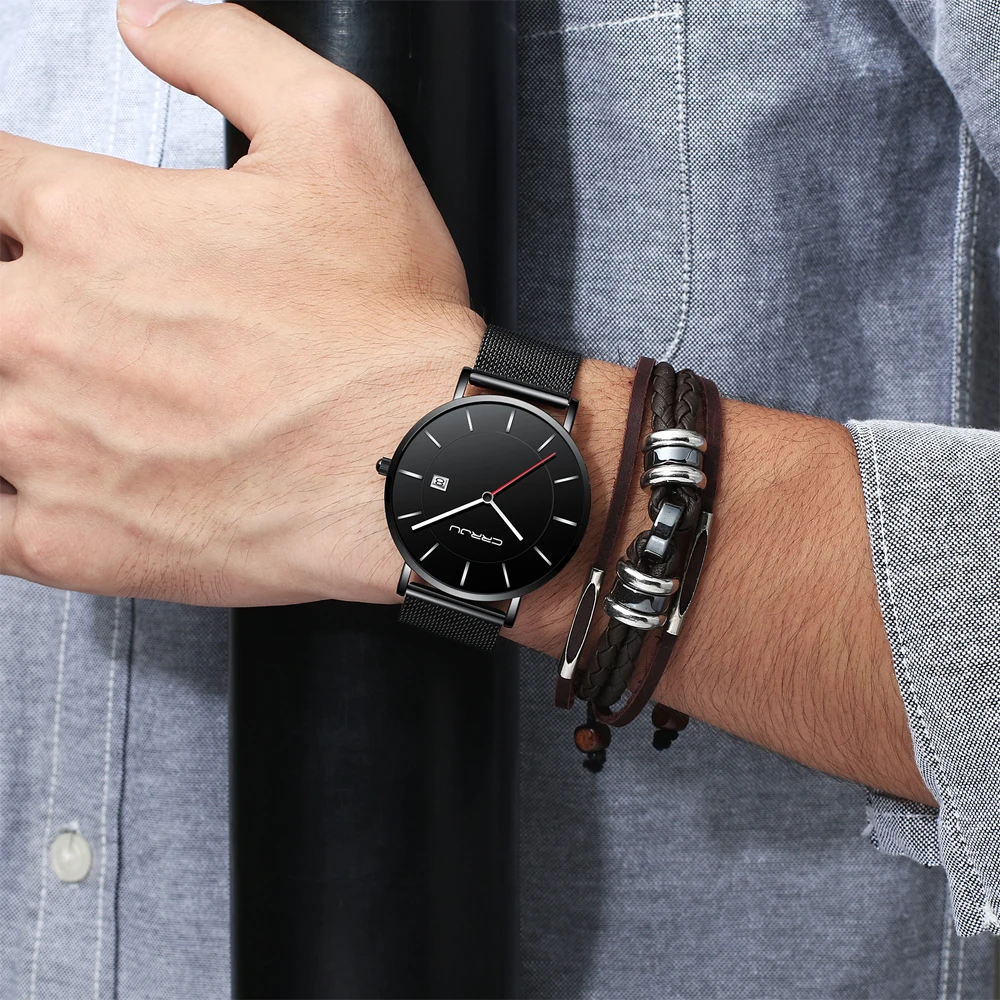 Очень тонкие часы для Для мужчин CRRJU Простые Модные Бизнес кварцевые наручные часы Нержавеющая сталь сетка Группа Reloj Hombre с календарь