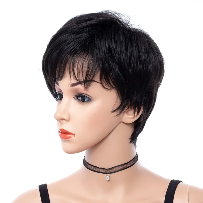 MSI Wigs короткие женские парики в черном кудрявые прямые синтетические волосы парик с боковой челкой без клея 8 дюймов волосы термостойкие