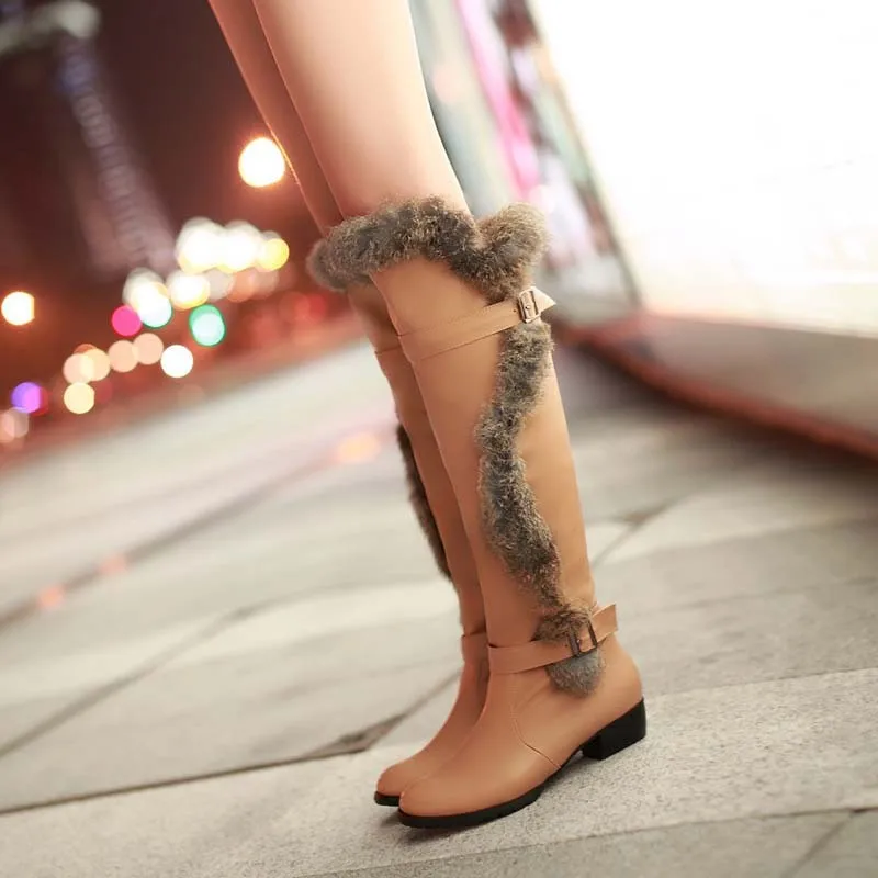 ENMAYLA/теплые высокие сапоги на кроличьем меху женские сапоги до колена на низком каблуке с круглым носком женская зимняя обувь с пряжкой женские сапоги