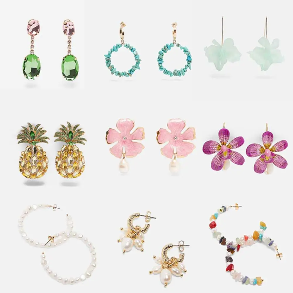 

Flatfoosie New Trendy Boho Resin Crystal Pineapple Drop Earrings ZA Jewelry Flowers Pendant Dangle Earings for Women Party Girls