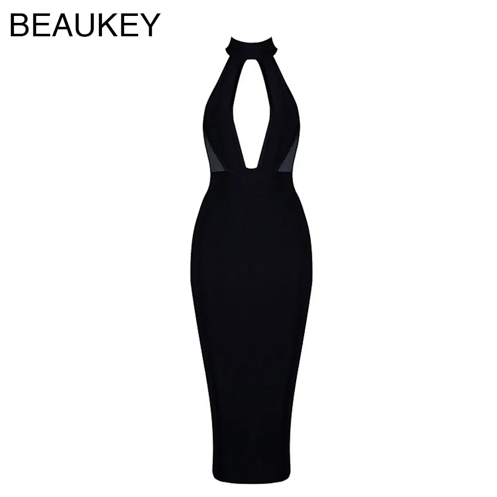 

2016 Women's Newest Styles Black Halter Neck Open Chest Keyhole Backless Midi-calf Sexy Rayon Bodycon Bandage Dress