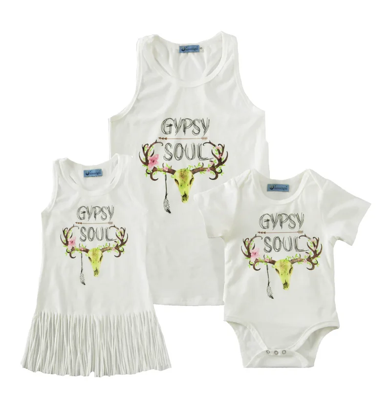 

2017 Summer New Mother and Daughter Clothes Letter Printed GYPSY SOUL Matching Mother Daughter Clothes Vest+Dress+Bodysuit 3PCS