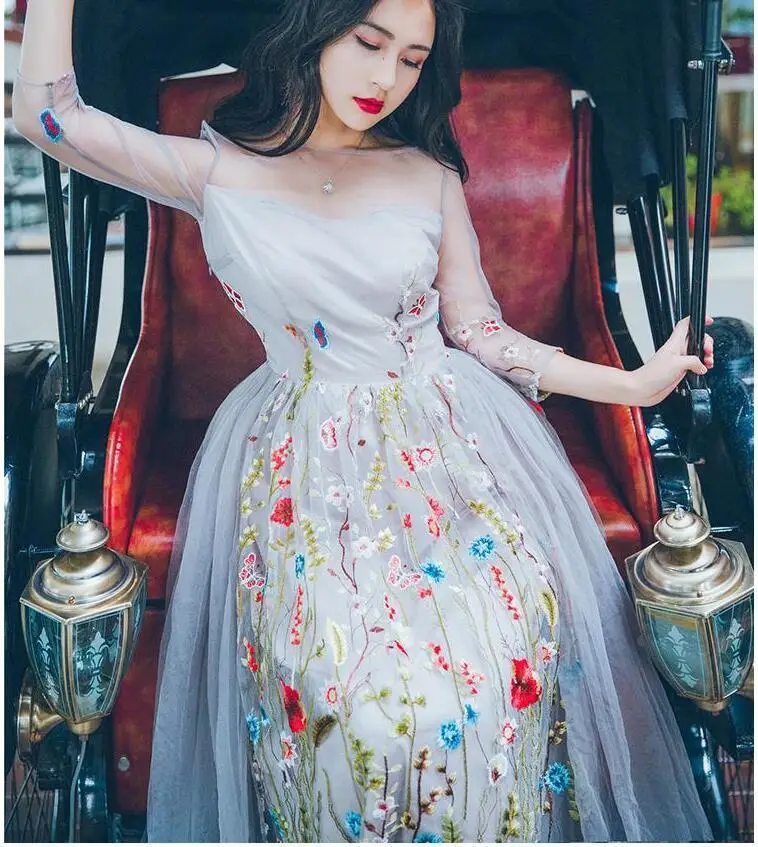 Элегантное платье с цветочной вышивкой, новые сетчатые кружевные длинные платья макси, женские вечерние платья, праздничное платье, AE169