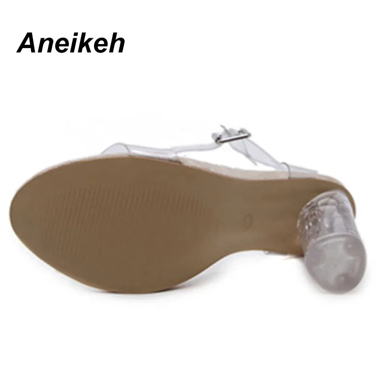 Aneikeh/большие размеры 40-42; женские босоножки; Высокий каблук из плексигласа с ремешком на лодыжке; прозрачная обувь из ПВХ с прозрачными кристаллами; 12,5 см; абрикосовый D-092-1;