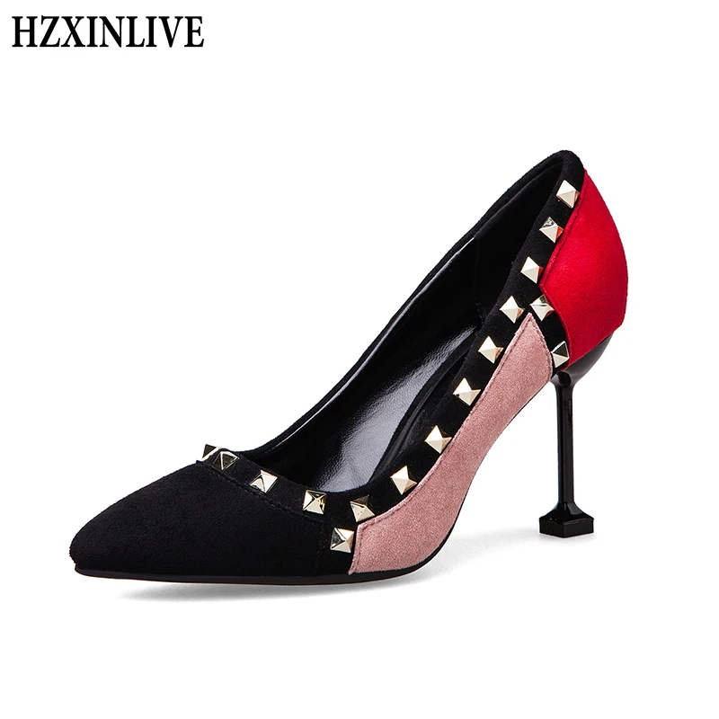 

HZXINLIVE 2018 Novelty High Heels Women's Party Shoes Pink Women Pumps Metal Decoration Heels Fashion Luxury Spell Color Shoes
