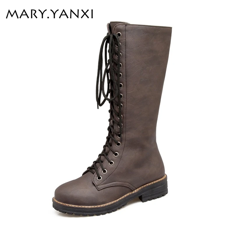 

Big size shoes women winter boots square heel knee-high casual martin boots for women boots lace up patent leather knight boots