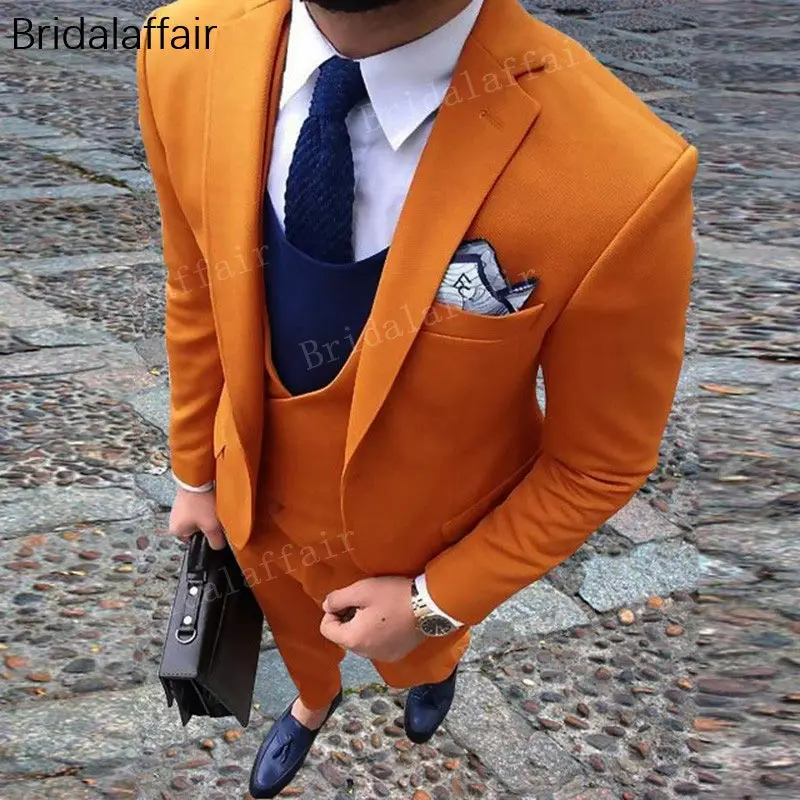 

KUSON Custom Made Mens Suits Orange Formal Dress Men Suit Set Men Prom Wedding Suits Groom Tuxedos 3Pcs 2018 (Jacket+Pants+Vest)