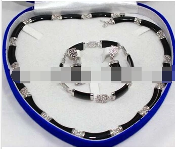 

Hot selling> shitou 00594 Natural Black Agate Link Necklace Bracelet earrings Set -Bride jewelry free shipping