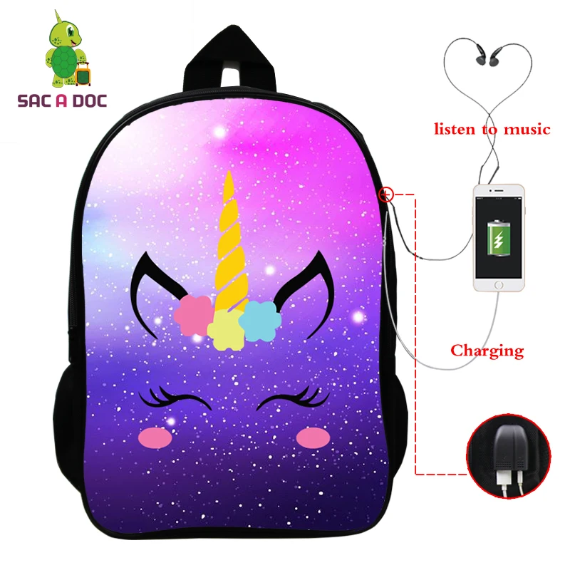 Рюкзак с единорогом Mochila Unicornio, рюкзак для ноутбука, рюкзак для подростков, женщин, мужчин, повседневный рюкзак с изображением Галактики, школьные сумки для путешествий, USB зарядка - Цвет: 9