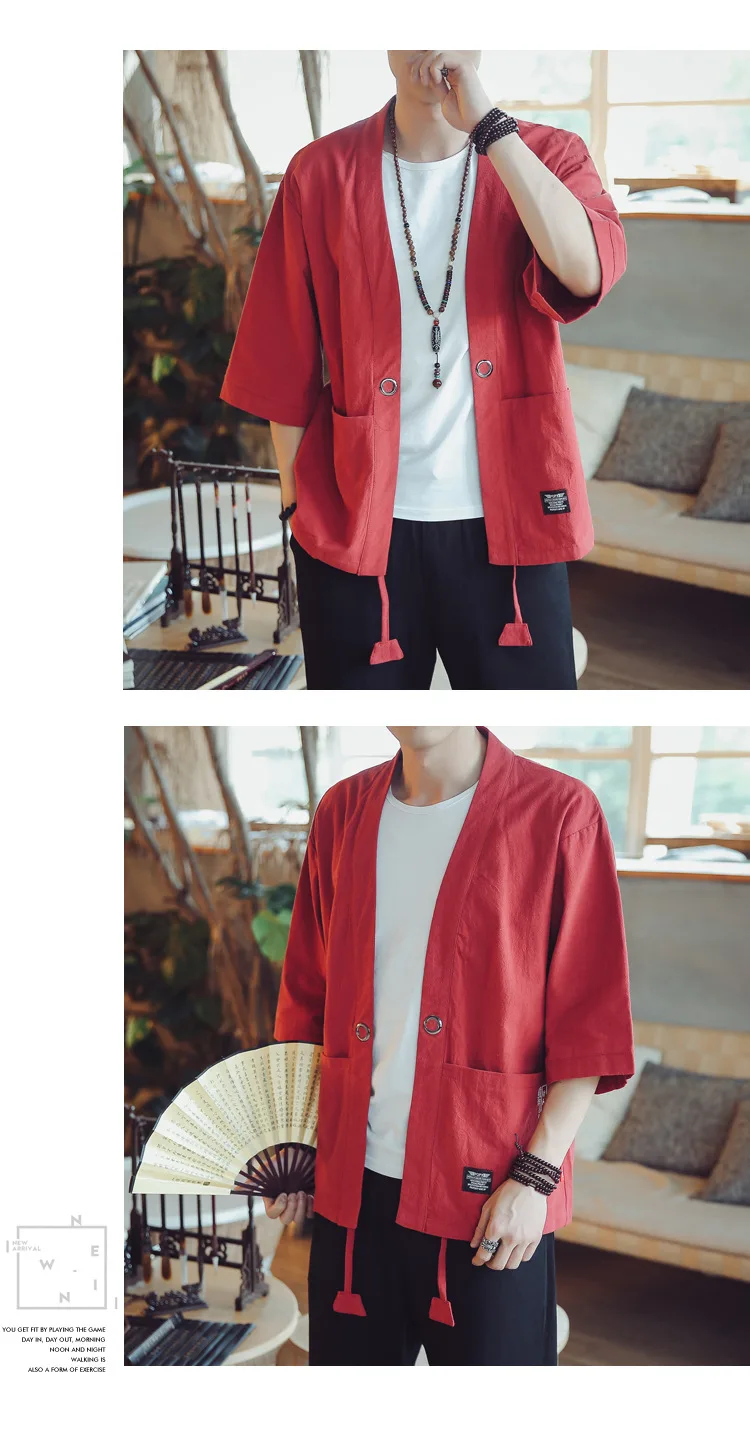 Summer Chinese Style Cotton Linen Kimono Jacket For Men Thin Sunscreen Clothes Kimono Coat Half Sleeve Outerwear hooded jacket