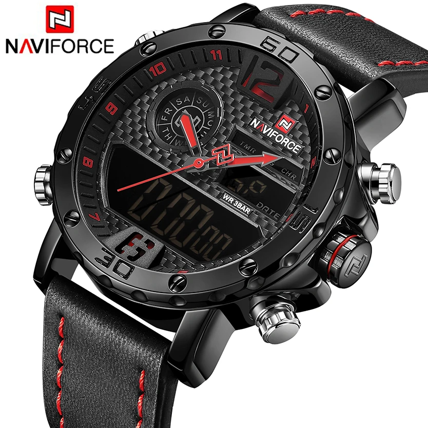 NAVIFORCE мужские s часы Лидирующий бренд роскошные оригинальные спортивные часы для мужчин кожа 30 м водонепроницаемый Miliary двойной дисплей наручные часы