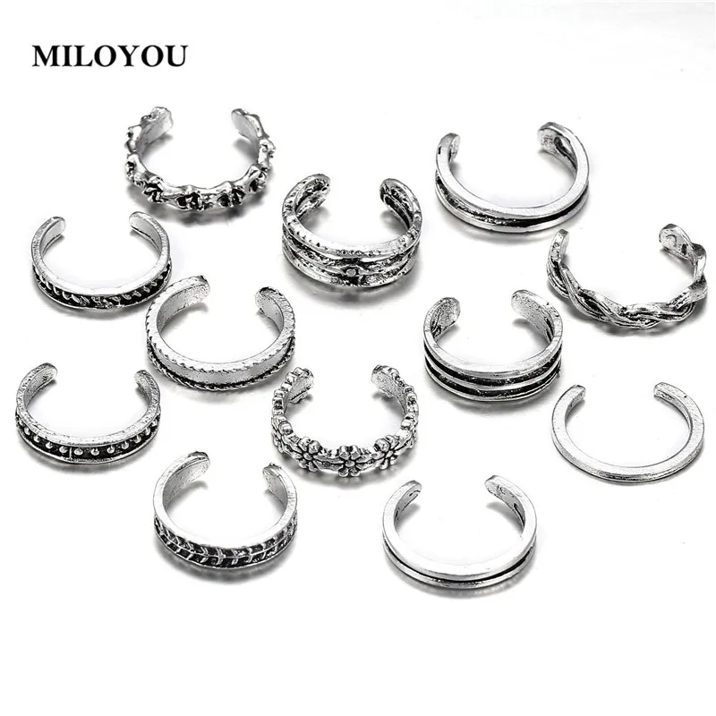 MILOYOU Vintage Toe Rings Set For Women 12 Pcs/Set Antique Silver Color Flower Foot Open Summer Beach Jewelry ML115 | Украшения и