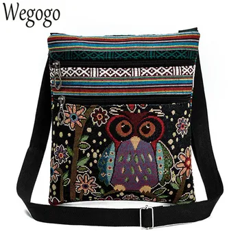 

Vintage Women Small Bags Cartoon Owl Print Shoulder Messenger Bags Canvas National Double Zipper Mini Flap Bag Woman