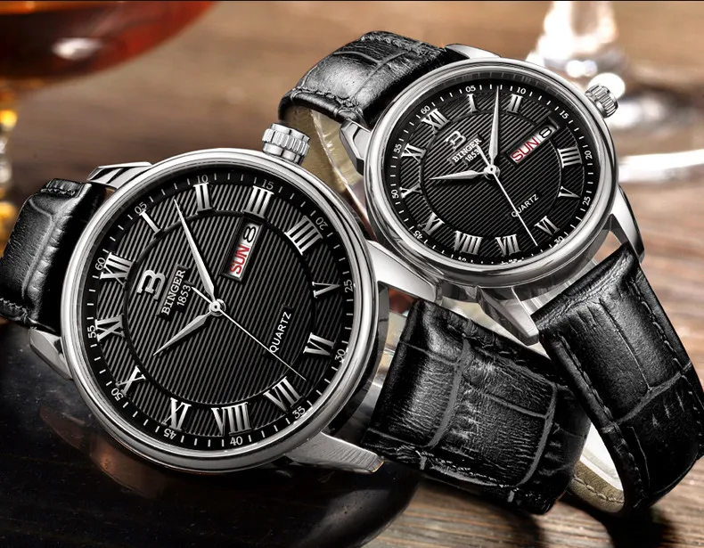 Швейцарские часы Бингер женские модные Роскошные сапфировые часы ультратонкие кварцевые Авто Дата Кожаный ремешок наручные часы B3037G-1