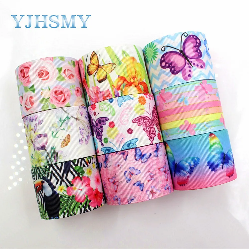 

YJHSMY C-18317-33,38 mm 5 Yards butterfly Flower Printed grosgrain ribbons,DIY handmade Hair accessories,gift wrap Material