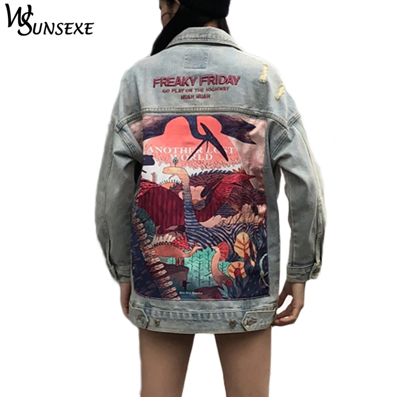 

Letter Embroidery Denim Jacket Coat Women Patch Designs Hip Hop Washed Ripped Loose Jeans Jackets Female High Street Outerwear