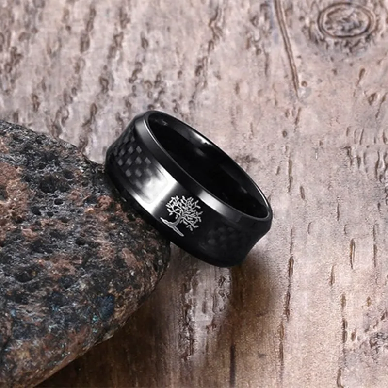 

8mm Men's Stainless Steel Carbon Fiber Tree of Life Anniversary Ring Vintage Black Band Comfort Fit Fashion Jewelry