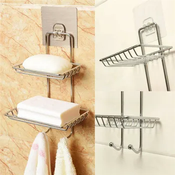 

2 Tier Bathroom Strong Suction Wall Soap Dish Dual Holder Hollowout Storage Shelf Tray For Shower or Bathtub