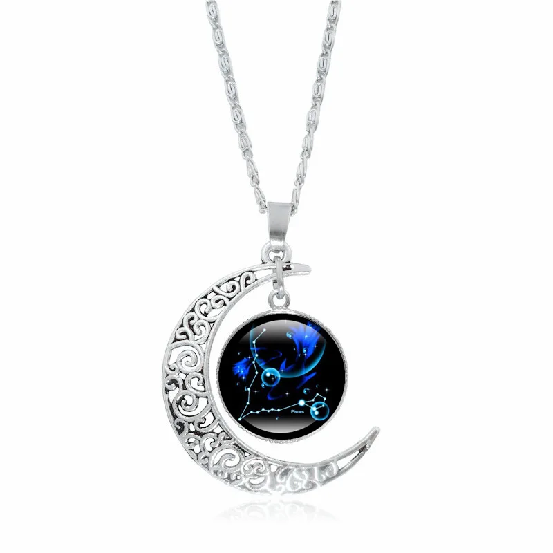 XUSHUI XJ 12 Созвездие стекло кабошон кулон ожерелье серебро полумесяц ювелирные изделия цепь ожерелье для женщин Девушка семья подарки - Окраска металла: Pisces