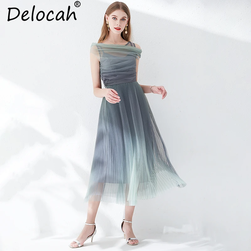 

Delocah New 2019 Women Spring Summer Dress Runway Fashion Designer Pleated Mesh Overlay Elegant Vintage Ladies Vacation Dresses