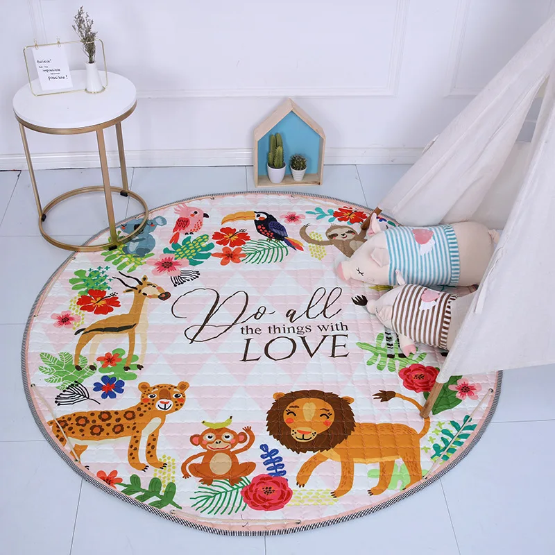 

Cartoon Lovely Animal Printed Round Kids Rug Toys Children's Carpet Baby Play Mat Cotton Developing Mat Storage Bag Toys